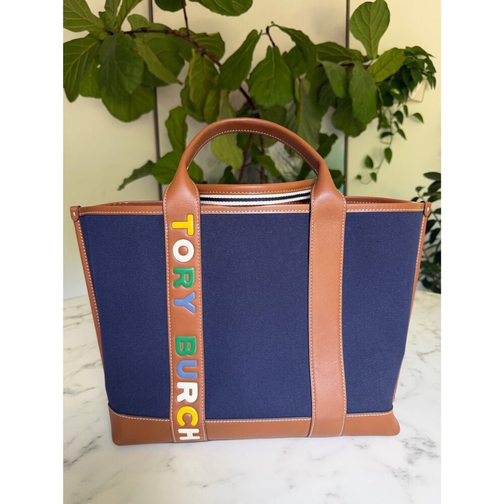 Tory Burch Perry Navy Multi Stripe Canvas Leather Triple Compartment Tote
